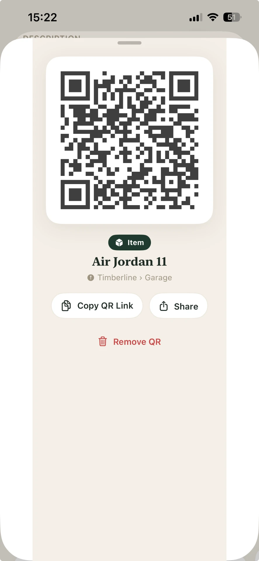 A loggit QR code record for an item, ready to assign to a bin