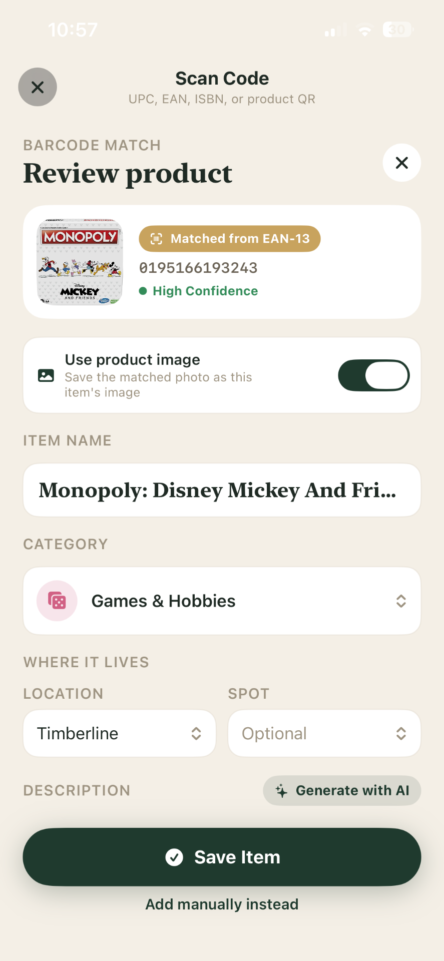 Assigning an item to a location and spot in loggit