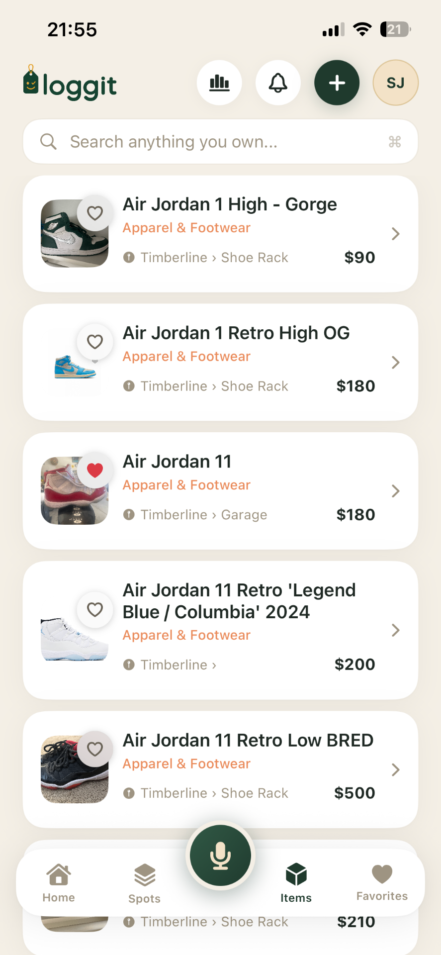 loggit items list with photos, categories, spots and values